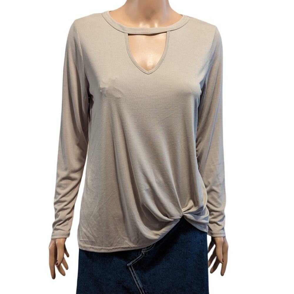 NEW Moa Moa Sz M Cutout Twist Front Long Sleeve Ribbed Modal Blend Blouse Taupe